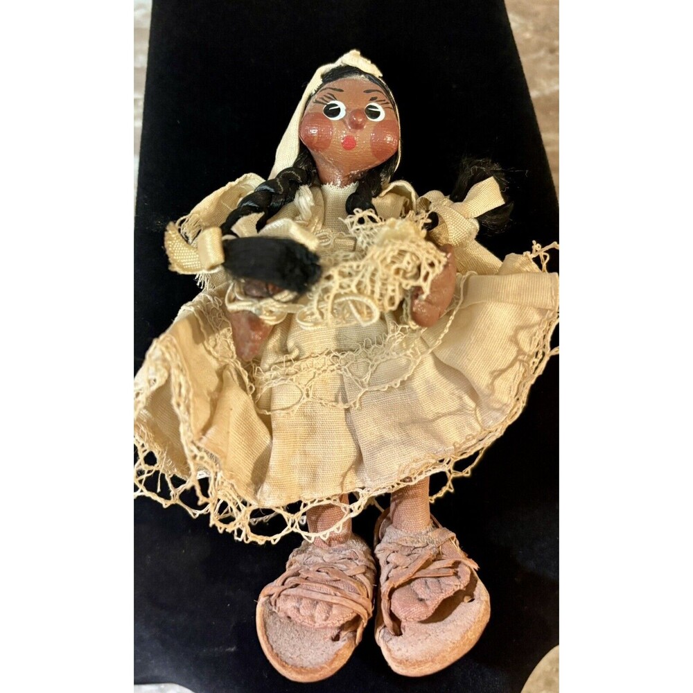 Vintage 1950's Rare Handmade Paper Mache Doll Leather Sandals Oil Painted